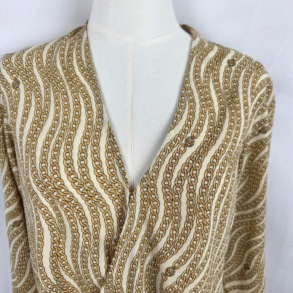Michael‎ Kors Gold Chain Print Blouse Size Medium Gold Long Sleeve Equestrian